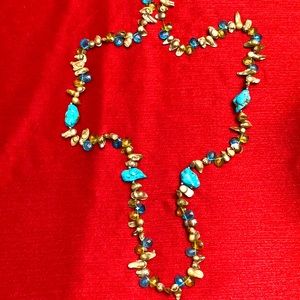 Long (36 inches) necklace with turquoise & dusty gold & silver stones